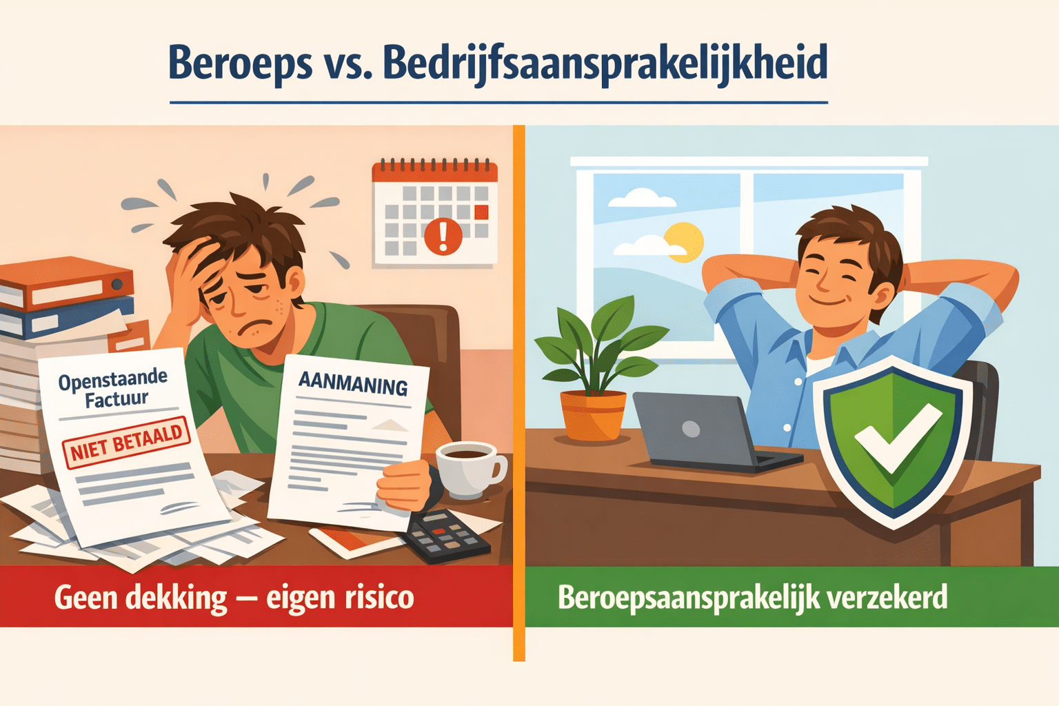 () split-screen comparison infographic visual: left side shows a stressed freelancer at desk with unpaid invoice and claim