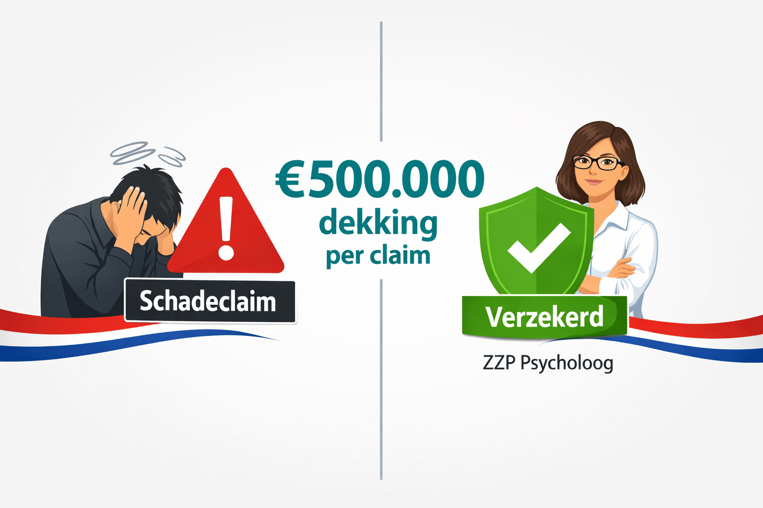 () split-screen infographic style image: left side shows a distressed client figure and a warning icon labeled