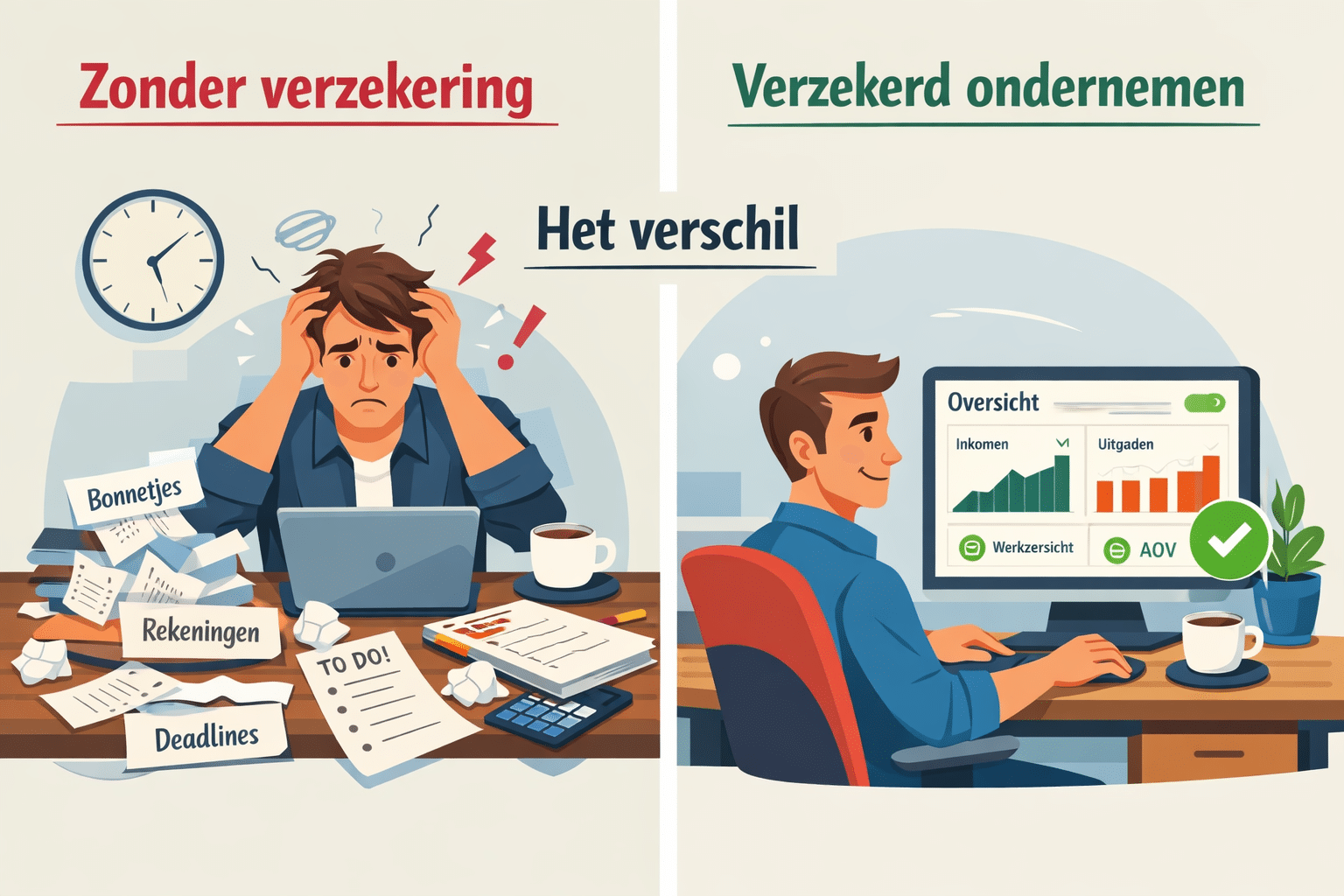 () split-screen infographic style image: left side shows a stressed ZZP freelancer at a cluttered desk with paper receipts