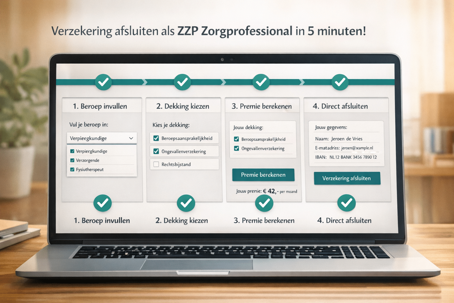 () step-by-step visual guide showing a Dutch ZZP zorgprofessional on a laptop screen completing an online insurance