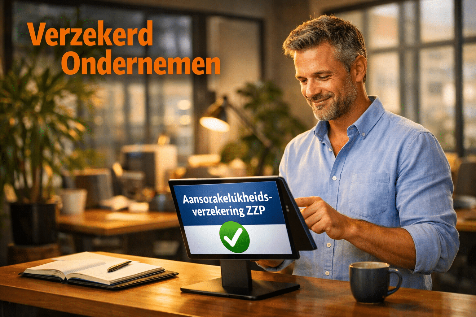 () wide-angle scene of a confident Dutch ZZP-er at a standing desk reviewing insurance documents on a tablet, with a visible
