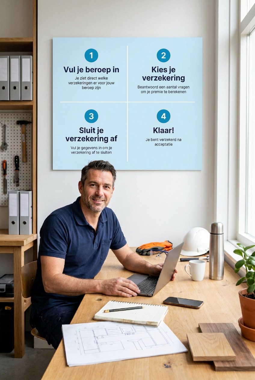 Zzp'er aan zijn bureau, met op de muur de vier stappen om je bedrijfsaansprakelijkheidsverzekering af te sluiten