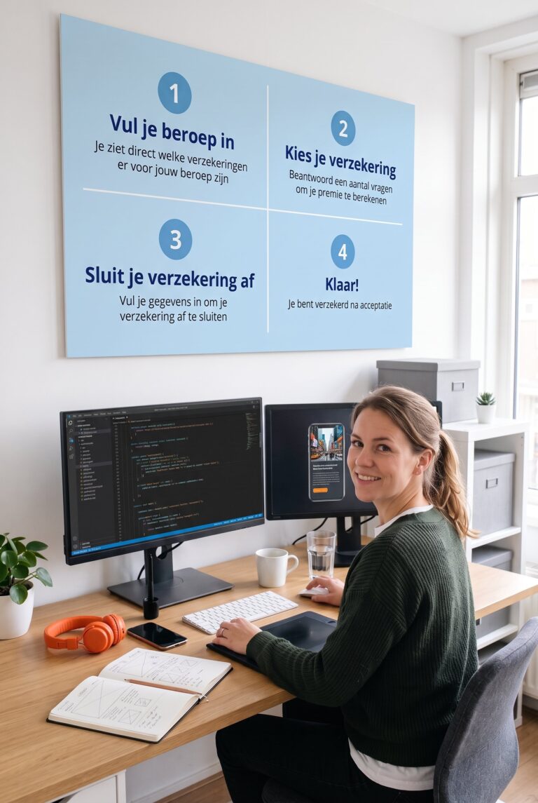 Zzp’er in de ICT aan haar bureau met code op het scherm, met op de muur de vier stappen: vul je beroep in, kies je verzekering, sluit je verzekering af, klaar